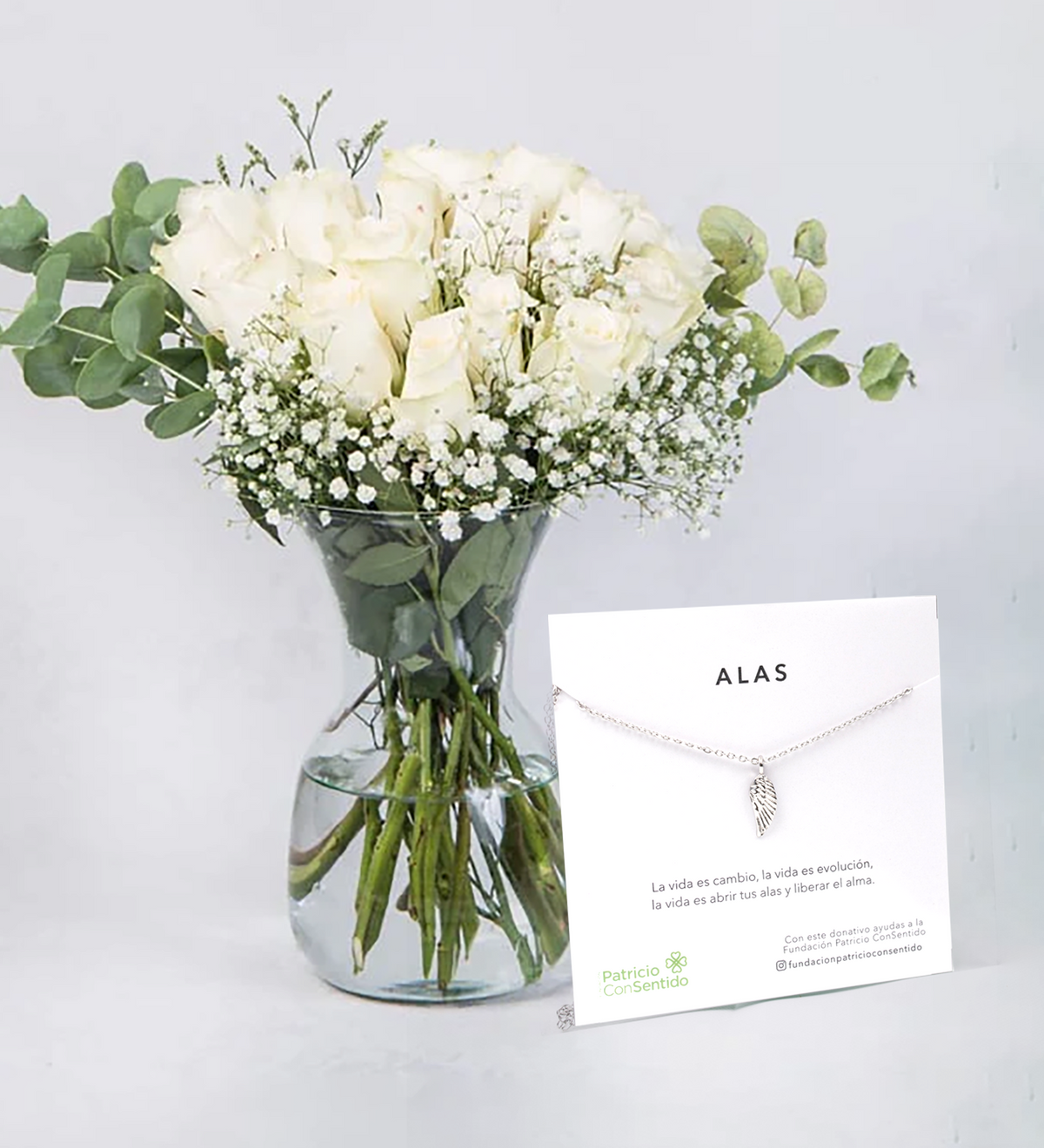 Collar Alas + 20 Rosas Blancas - Condolencias