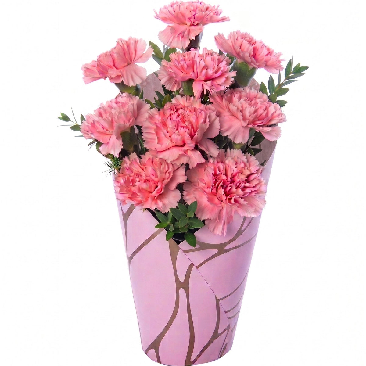 Red carnations in a decorative pink box