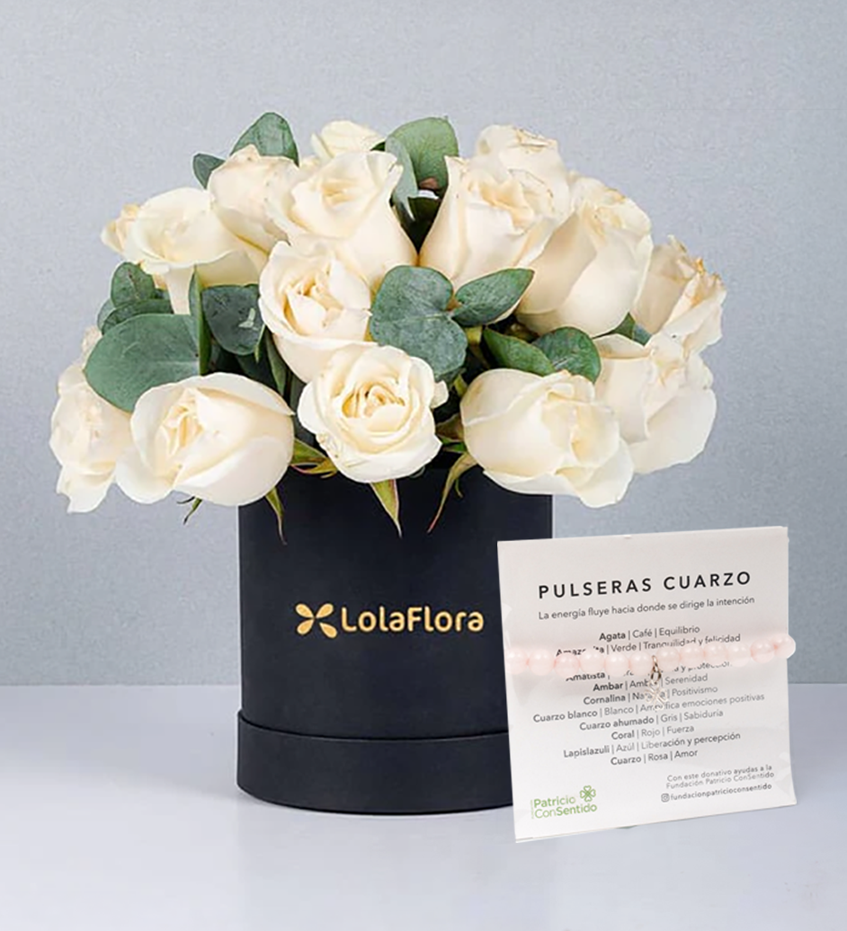 Pulsera Cuarzo + Caja de Rosas Blancas - Condolencias