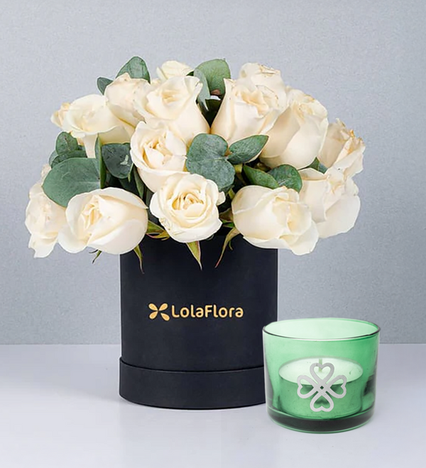 Vela Verde + Caja de Rosas Blancas - Condolencias