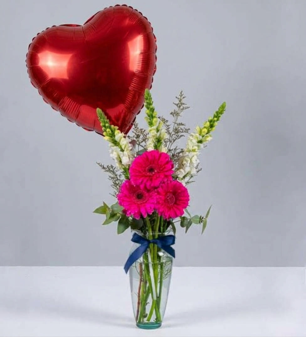 Fuchsia Gerberas, Snapdragons, and Birthday Balloon