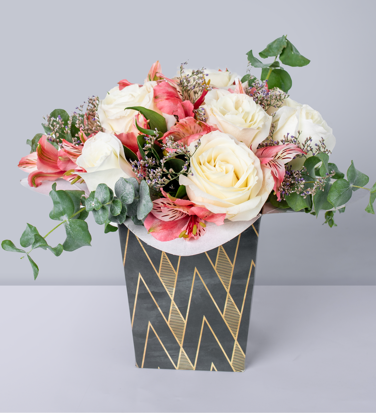 White Roses and Pink Alstroemeria - Harlequin Box