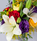 White Lilies, Lisianthus, Red and Yellow Roses - Harlequin Box