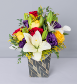 White Lilies, Lisianthus, Red and Yellow Roses - Harlequin Box