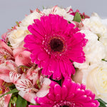 Pink Rose, Pink Alstroemeria, and pink gerberas in a pink box