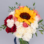 Roses and white carnations and sunflowers in a glass vase (A)