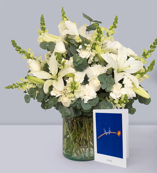 Tarjeta + Luz Eterna - Lilium y Clavel Blanco