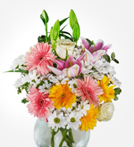 Margarita, lily rosa, gerbera rosa y amarilla en florero