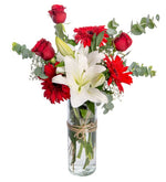 Rosa roja, gerbera y lilium blanco en jarrón (A)