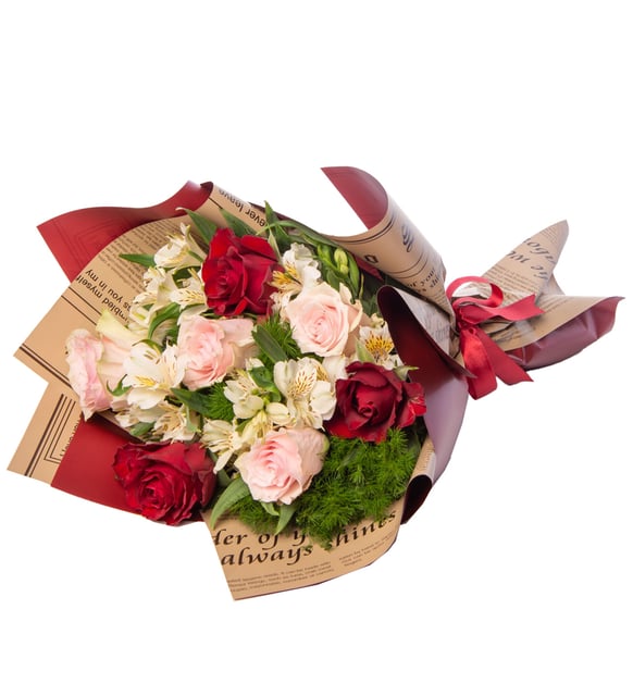 Rosa rosa y rosa roja y astromelia blanca / ramo de burdeos (B)