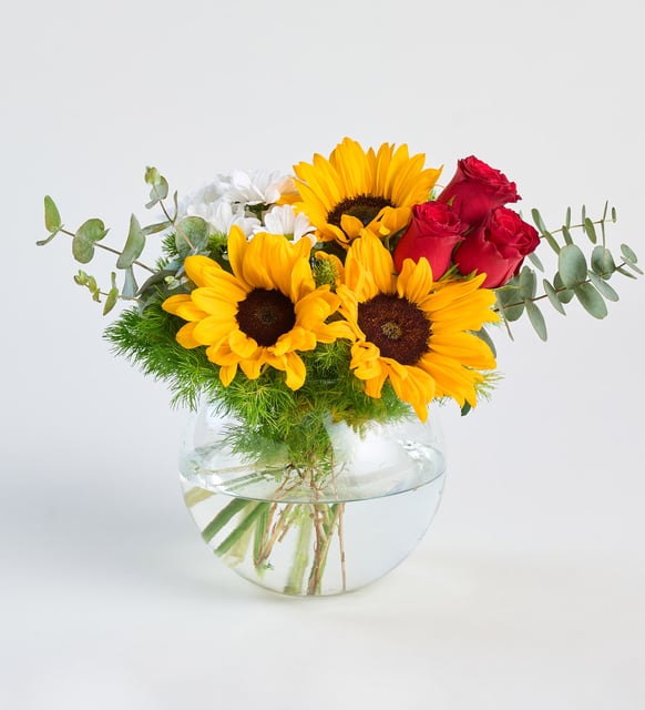 Girasol y rosa roja y margarita blanca en jarrón pecera (A)
