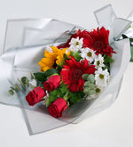 Ramo de rosa roja, gerbera y girasol en plata