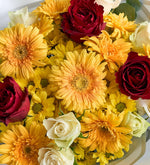Rosa roja, margarita amarilla y gerbera amarilla en ramo gris