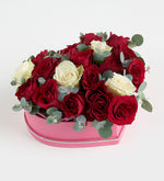 Red rose and white rose in heart box