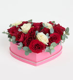 Red rose and white rose in heart box
