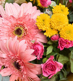 Rosas mini y gerberas rosas en un ramo amarillo