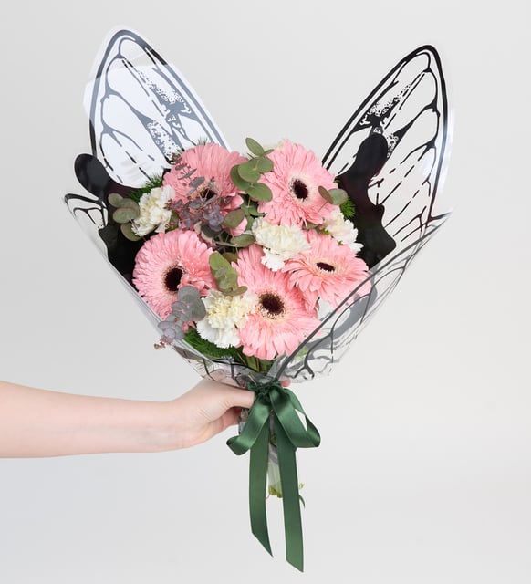 Pink Gerbera Daisy and White Carnation Butterfly Bouquet