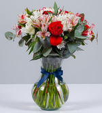Astromelias, Margaritas Blancas y Rosas Rojas / Jarrón (B)