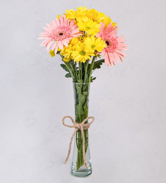 Margaritas Amarillas Y Gerberas Rosadas En Violetero (A)