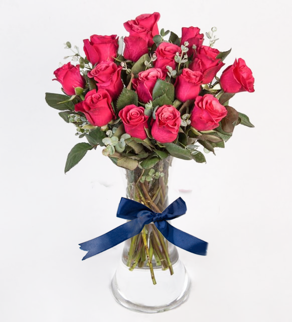 16 Rosas fucsias en jarrón