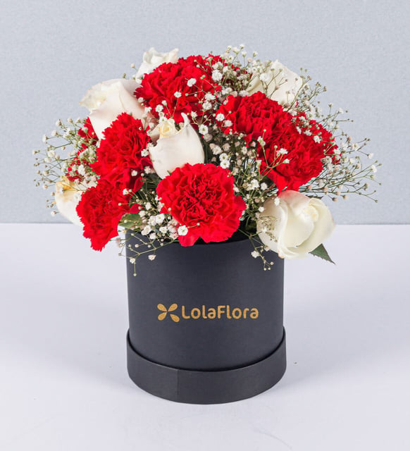 Caja Claveles Rojos Y Rosas Blancas