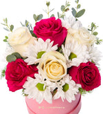 Rosas rojas, rosas blancas y margaritas blancas en caja rosada