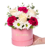 Rosas rojas, rosas blancas y margaritas blancas en caja rosada
