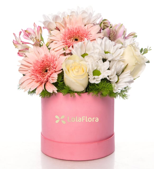 Margaritas blancas, rosa amarillas y gerberas rosadas en caja rosada