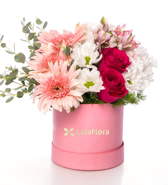 Astromelias rosadas, gerberas rosadas y margaritas blancas en caja rosada