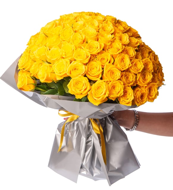 150 Rosas Amarillas en un Ramo Gris Especial