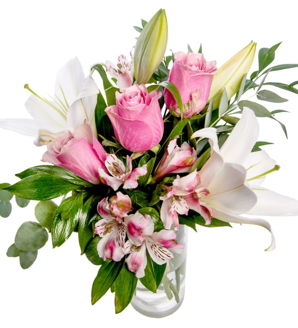 Astromelia rosa & rosa rosada & lilium blanca en jarrón