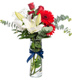 Lirios blancos, rosas rojas y gerberas en un jarrón (A)