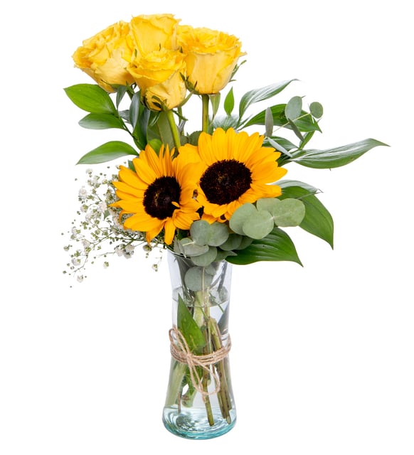 Rosas amarillas y girasoles /  jarrón (B)