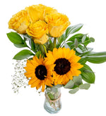 Rosas amarillas y girasoles en un jarrón (M)