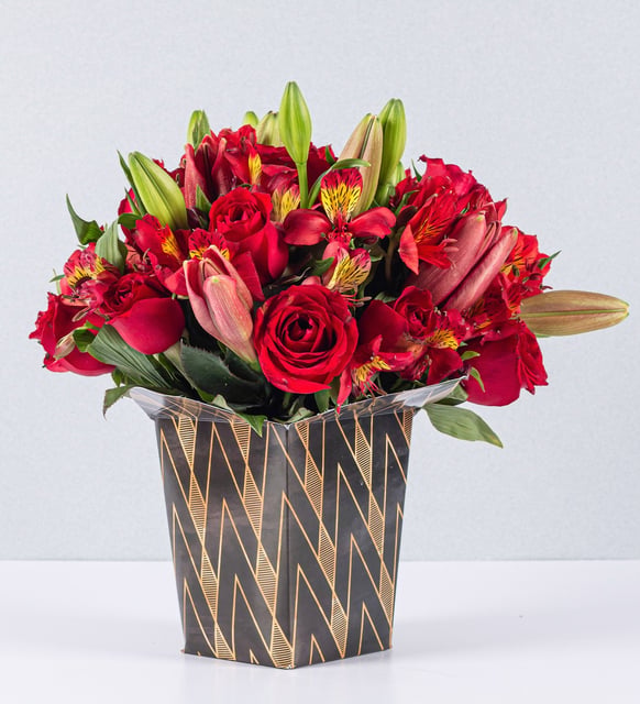 Arrangement of Red Roses and Lilies