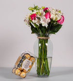 Rosa Topaz, Claveles Y Astromelia Blanca Con Ferrero 16