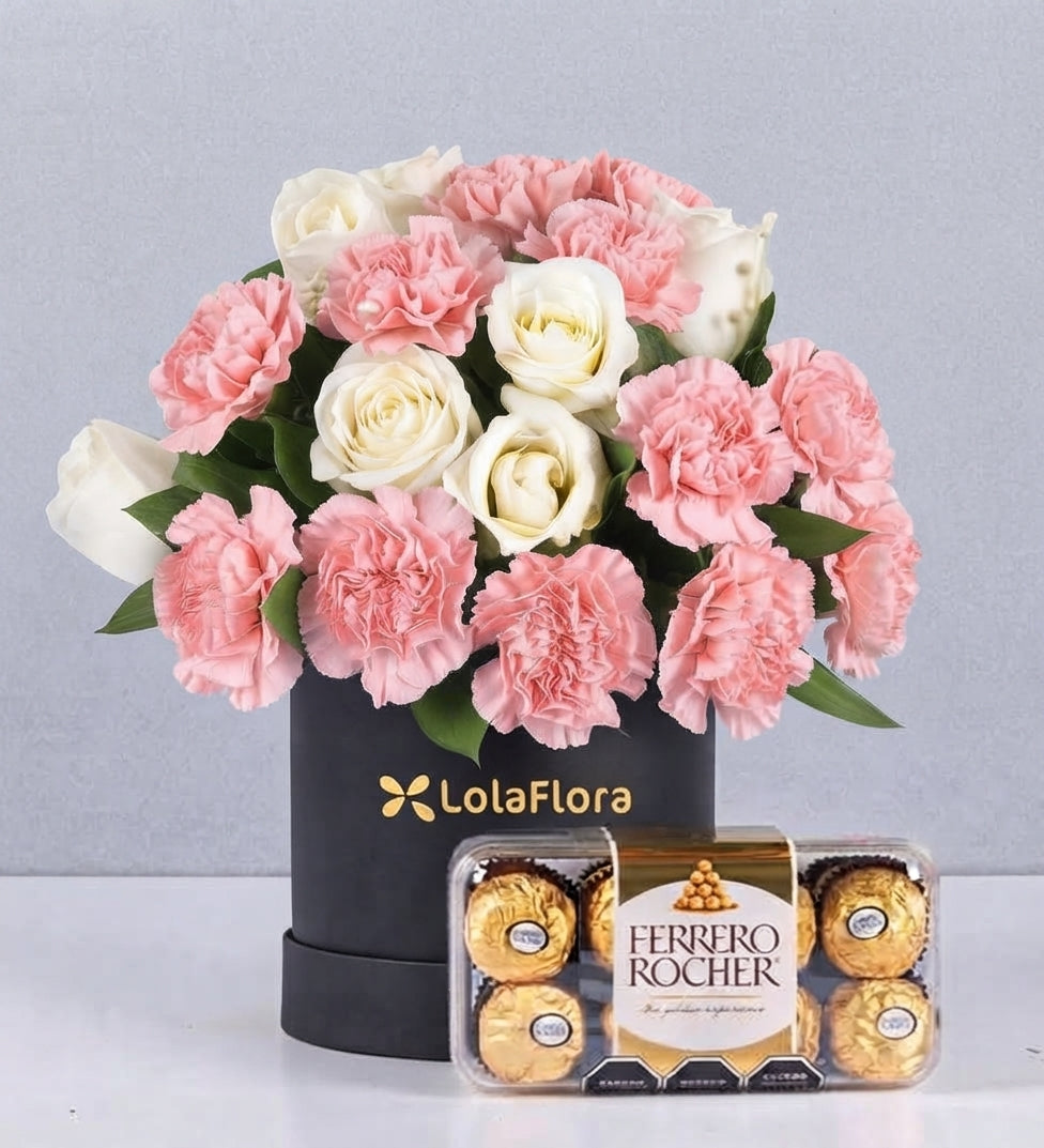 Box Red Carnations And White Roses With Ferrero