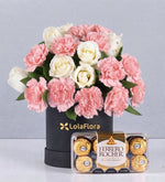 Box Red Carnations And White Roses With Ferrero