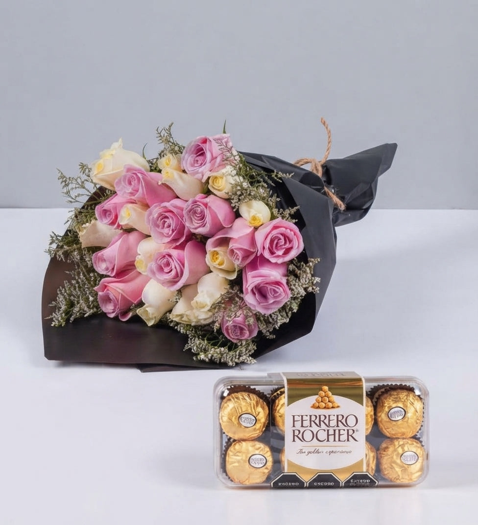 24 White and Pink Roses Bouquet with Lindt