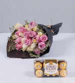 24 White and Pink Roses Bouquet with Lindt