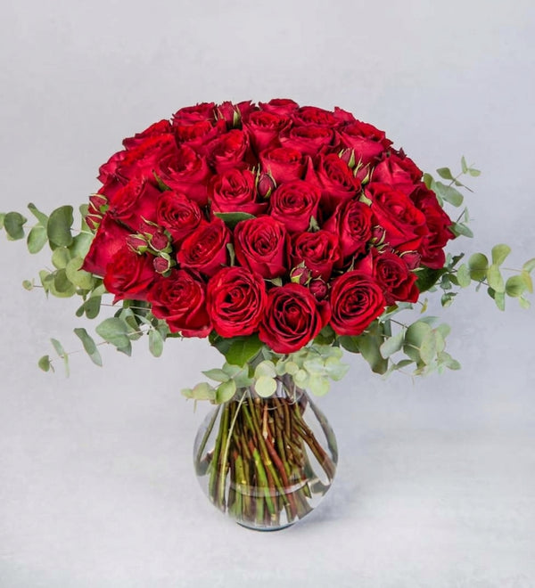 50 Red Roses in a Bulb Vase