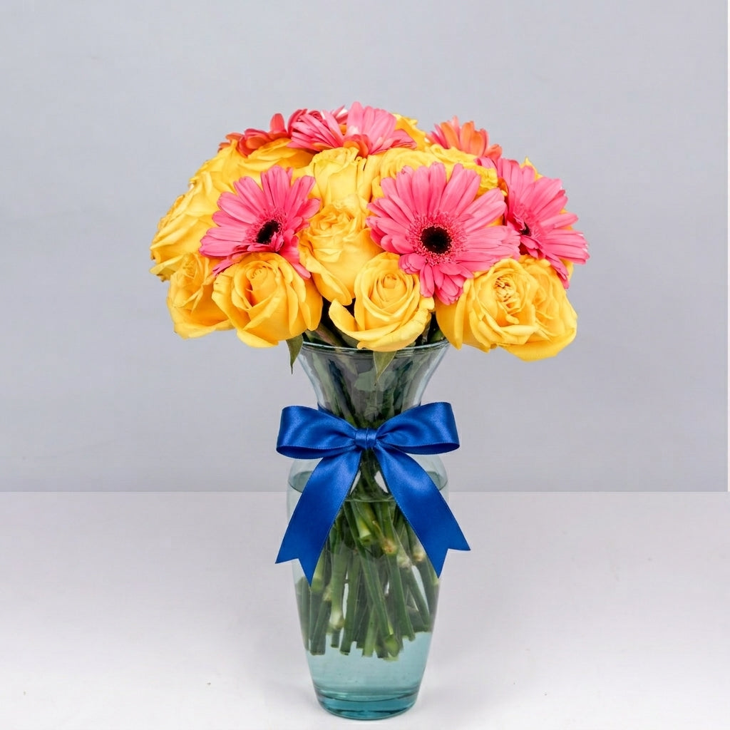 Pink Gerbera Daisies and Yellow Roses Arrangement