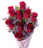 9 red roses in a pink decorative box