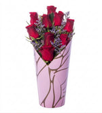 9 red roses in a pink decorative box