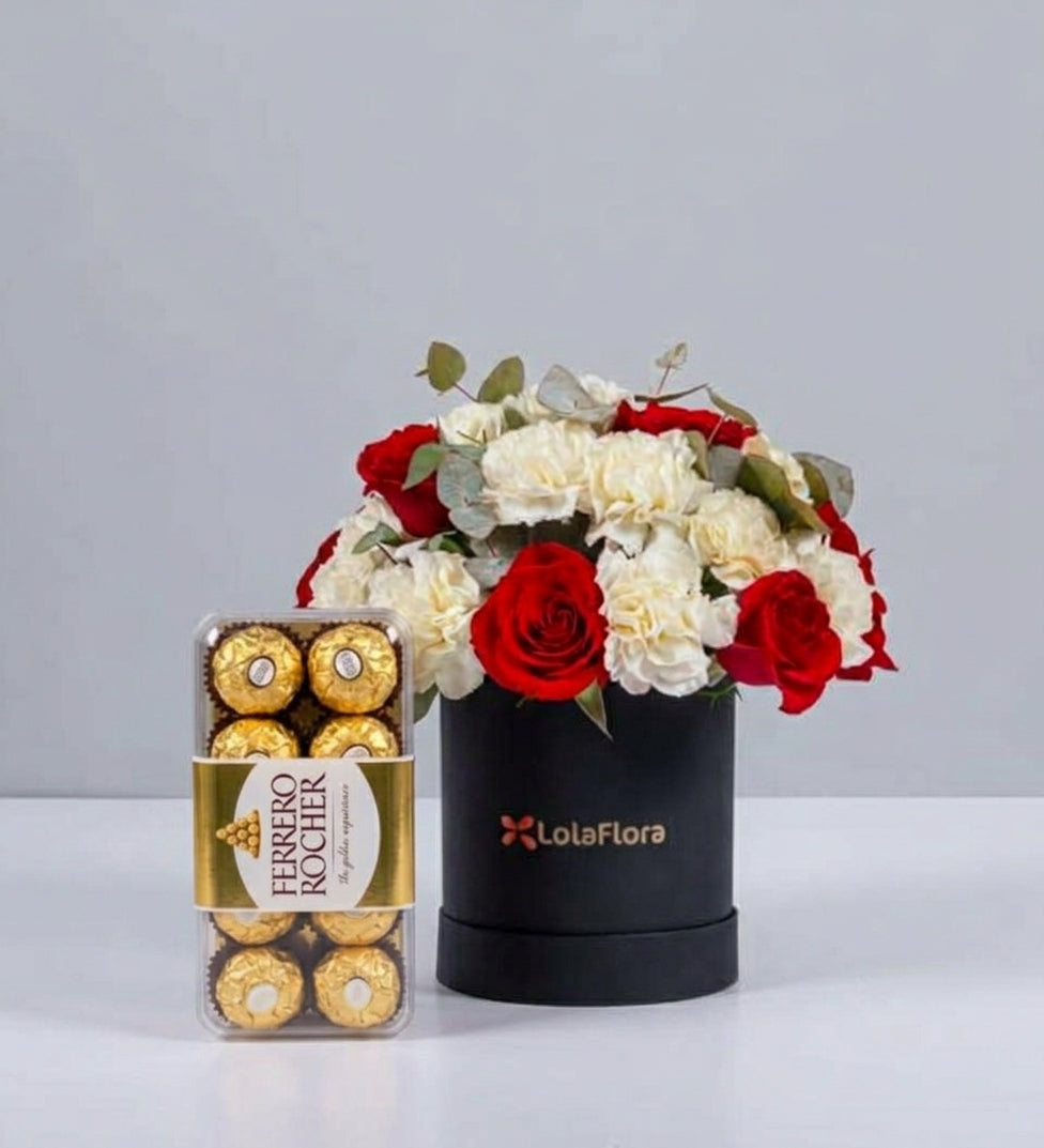White Carnations, Topaz Rose in Box and Lindt