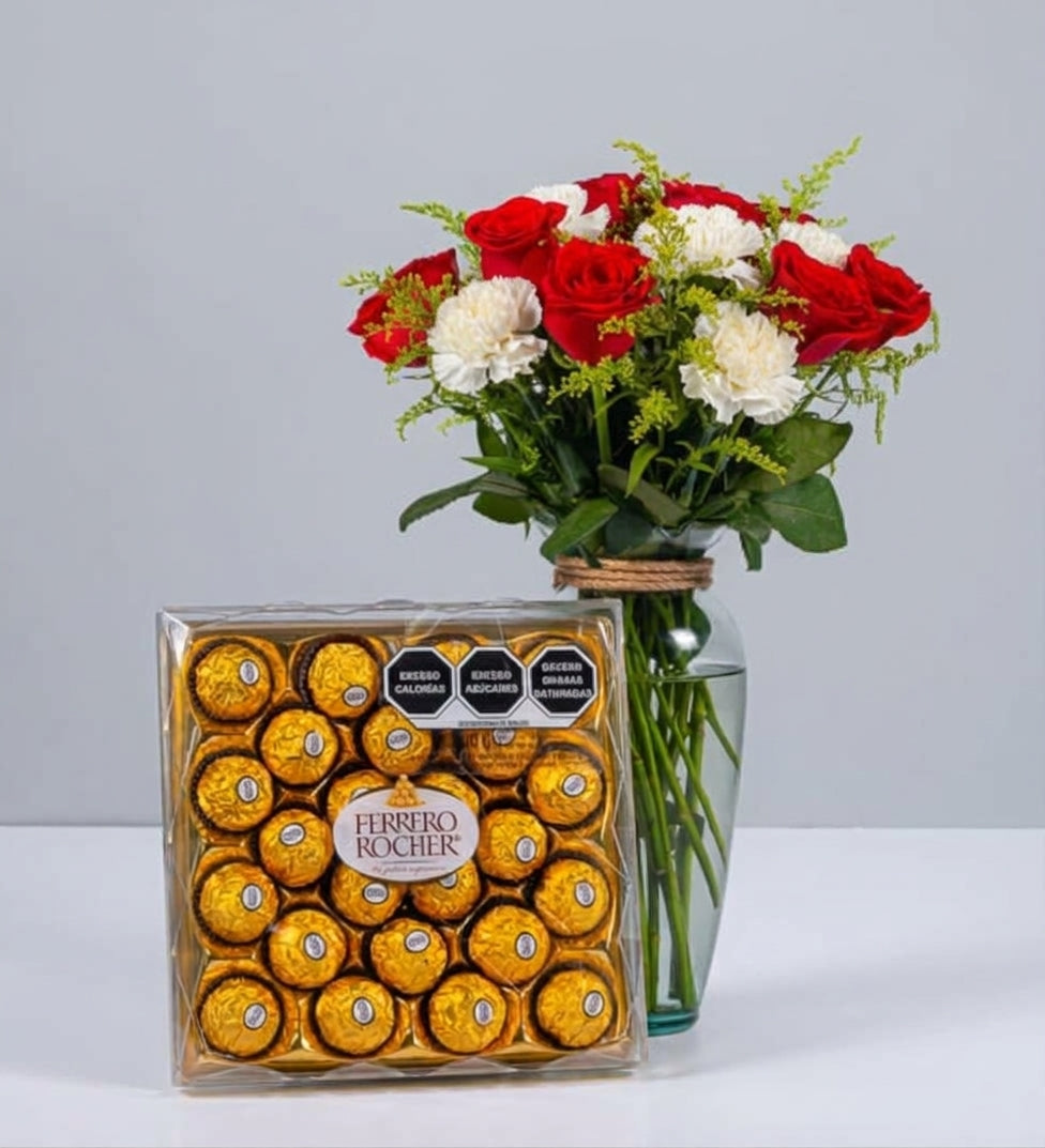 9 Rosas Rojas y 9 Claveles Blancos con Ferrero 24 - En Barcelo