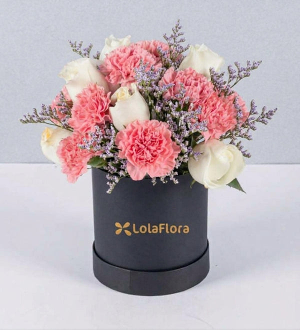 Box of Red Carnations and White Roses