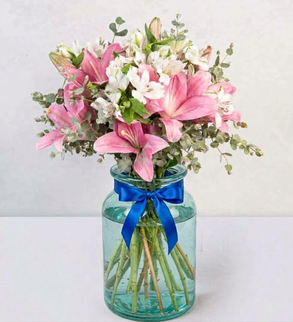 Detail of White Lilies, Roses, and Alstroemeria