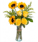 Sunflowers and yellow roses in a vase
