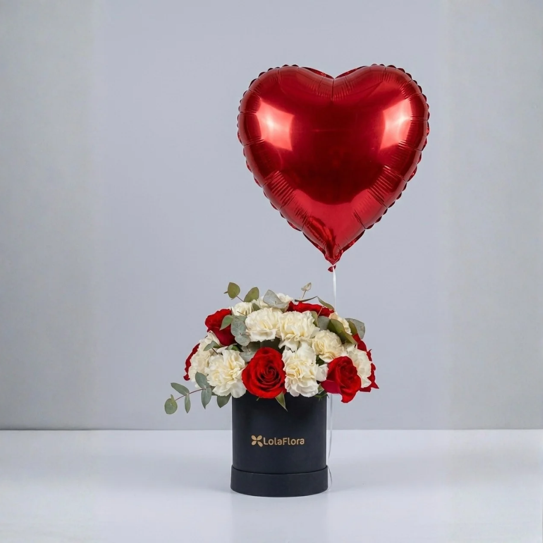 White Carnations, Pink Topaz in a Box and a Birthday Balloon